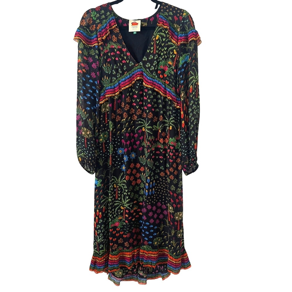 Farm Rio Sz XS Fruit Garden Midi Dress Black Floral Boho Tropical Colorful READ